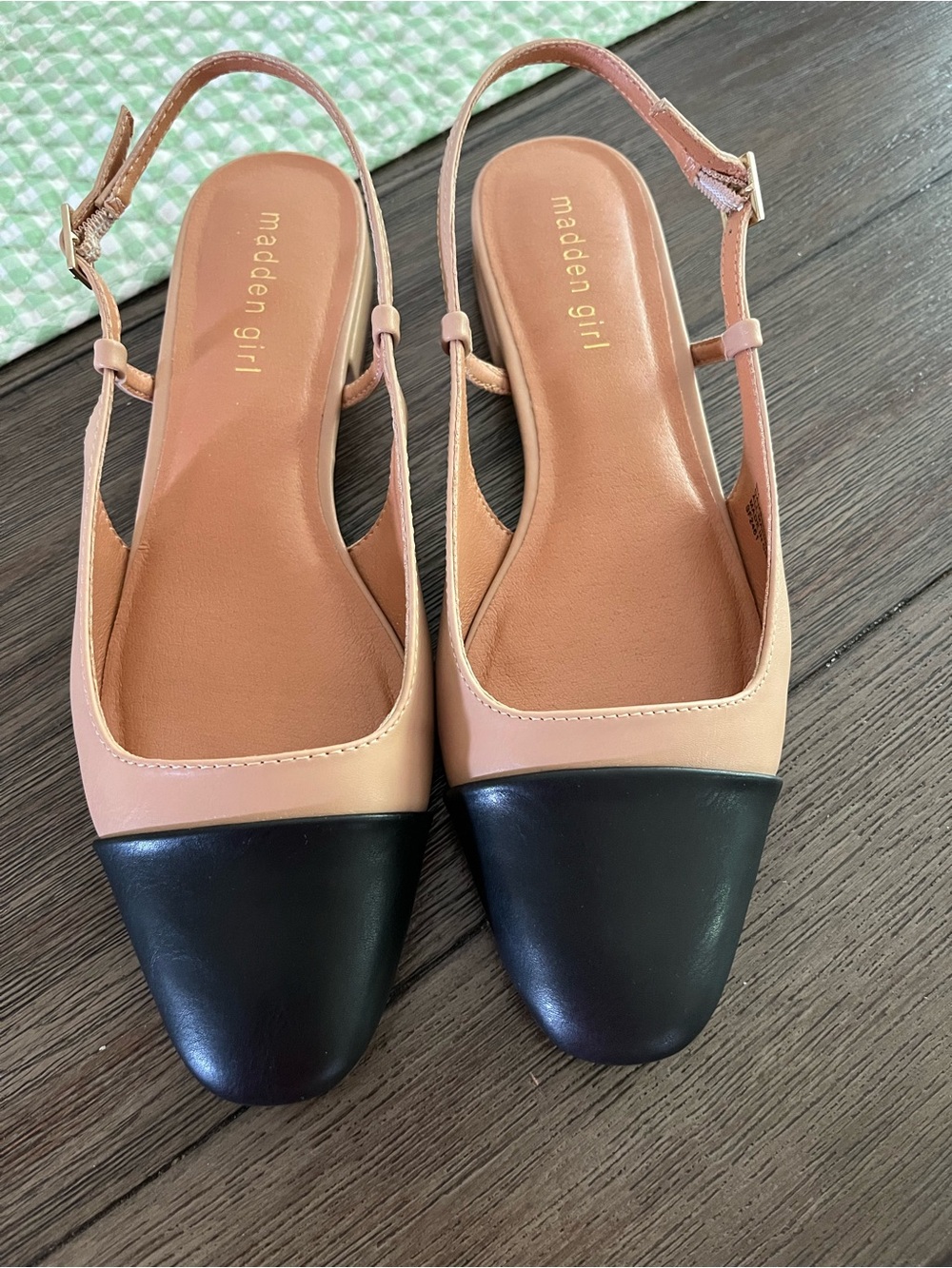 Madden Girl camel and black sling back shoes